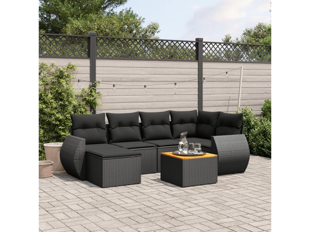 Salon de jardin 7 pcs avec coussins noir résine tressée PCKM02063