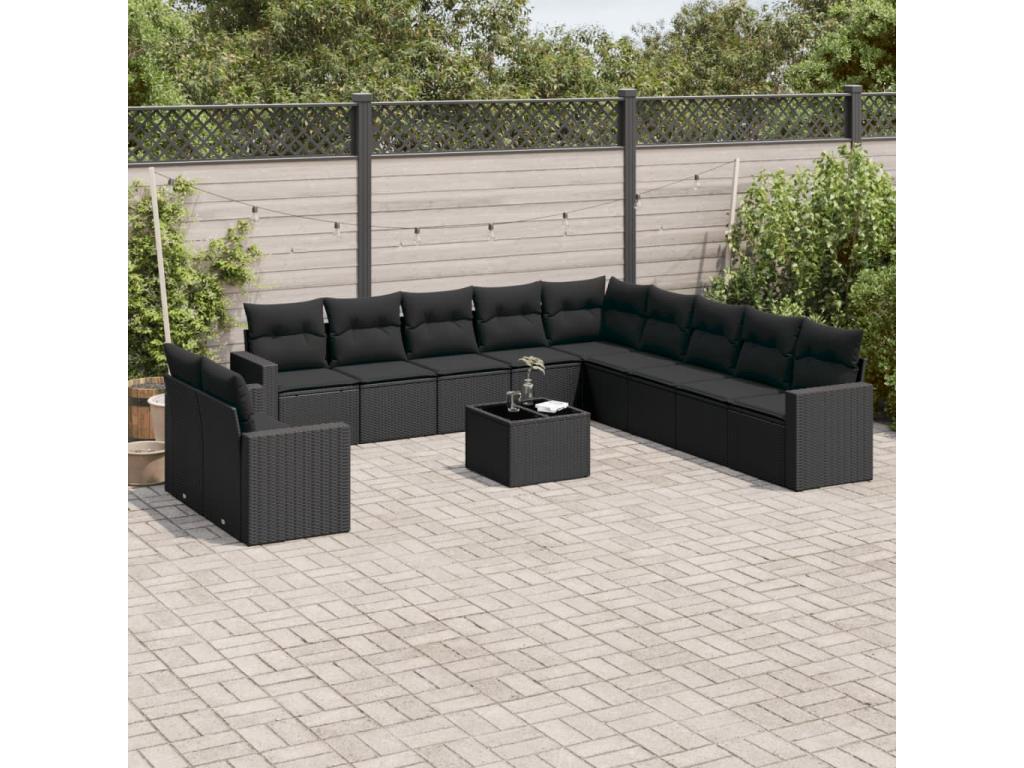 Salon de jardin 12 pcs avec coussins noir résine tressée BVJY35177