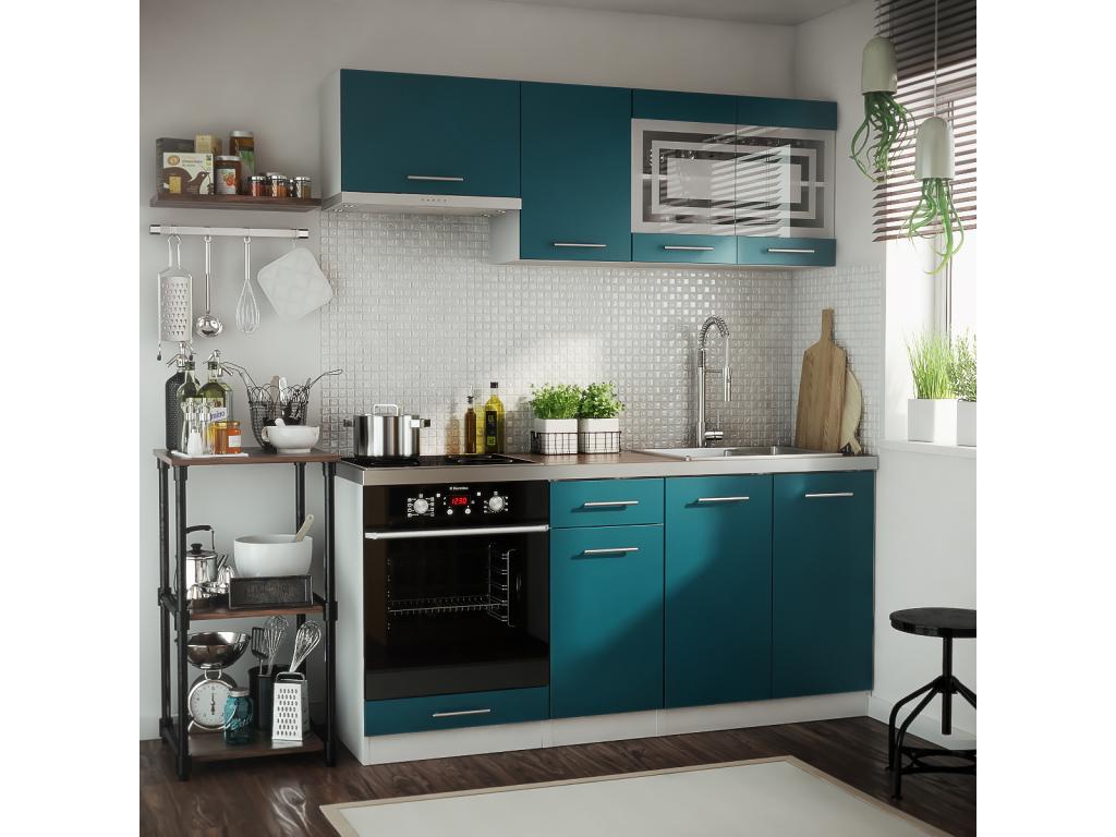 Cuisine Décohaute 6 éléments - tapis turquoise 1m80 portes vitrées quatre encastrables HGDB64766