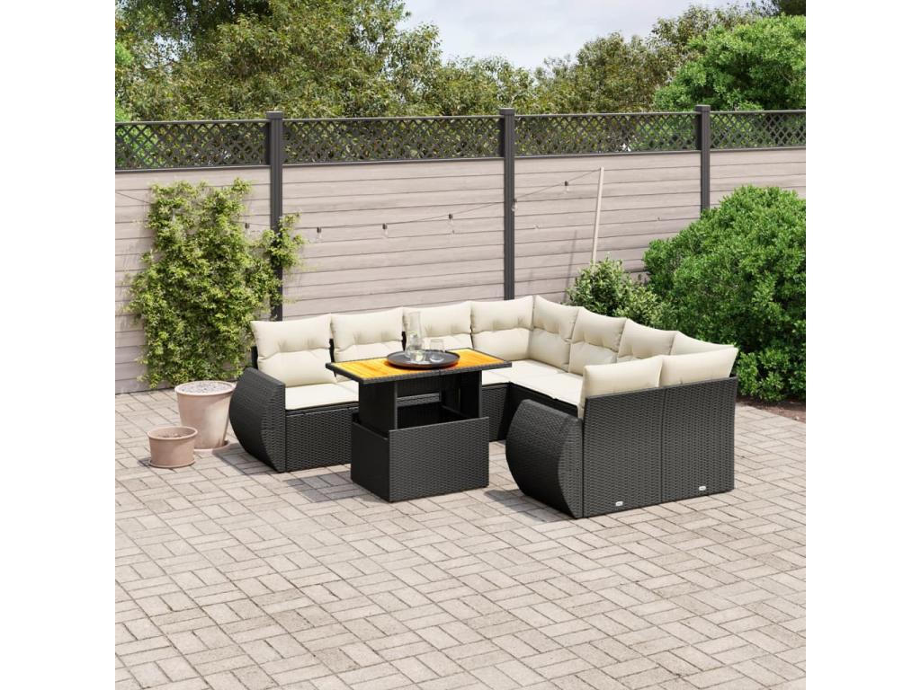 Salon de jardin 9 pcs avec coussins noir résine tressée UXGD55776