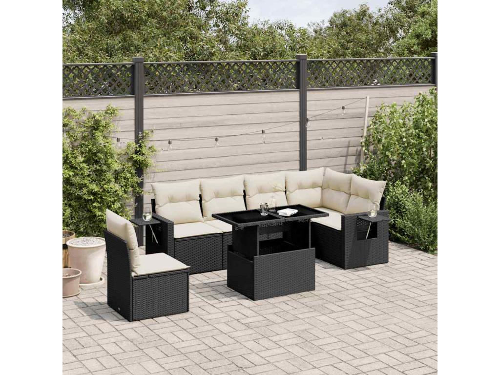 Salon de jardin 7 pcs avec coussins noir résine tressée KHUC15537