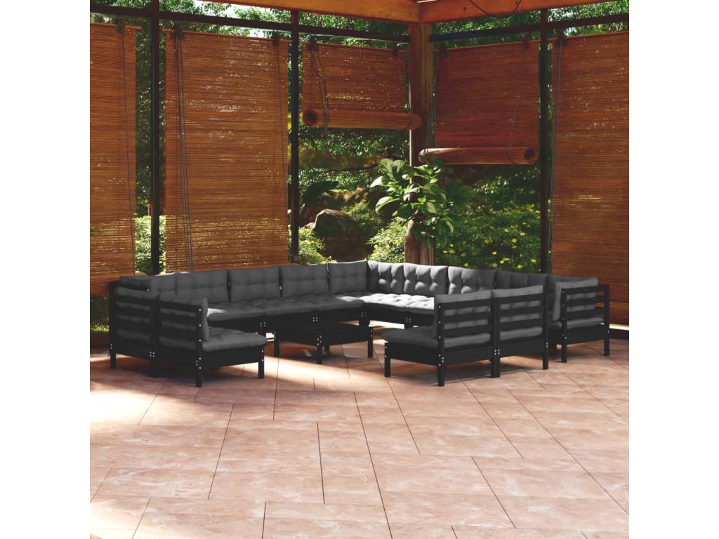 Salon de jardin 14 pièces avec coussins Noir Bois de pin solide BJSW30185
