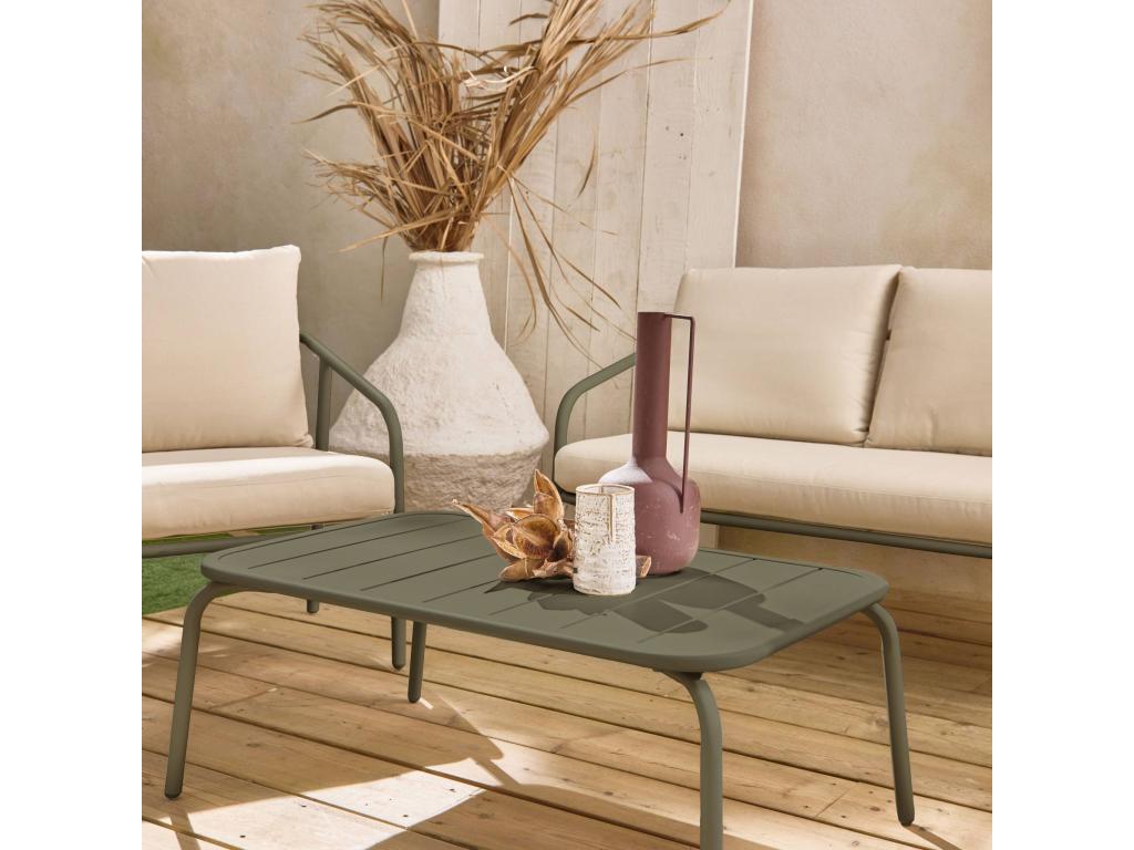 Salon de jardin en métal 4 places kaki- coussins beige- design épuré arrondi KXOH28517