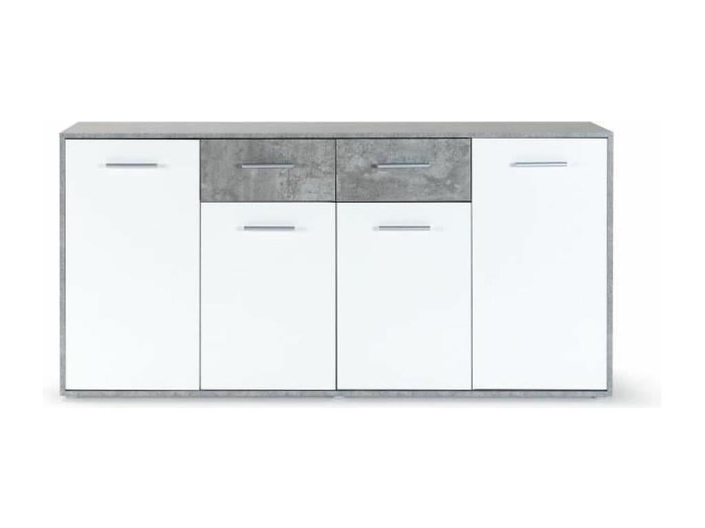 Domopure Buffet bas 4 portes 4 tiroirs - Blanc et beton gris clair - L 162,3 x P 34,2 x H 88,1 cm TVBS52715