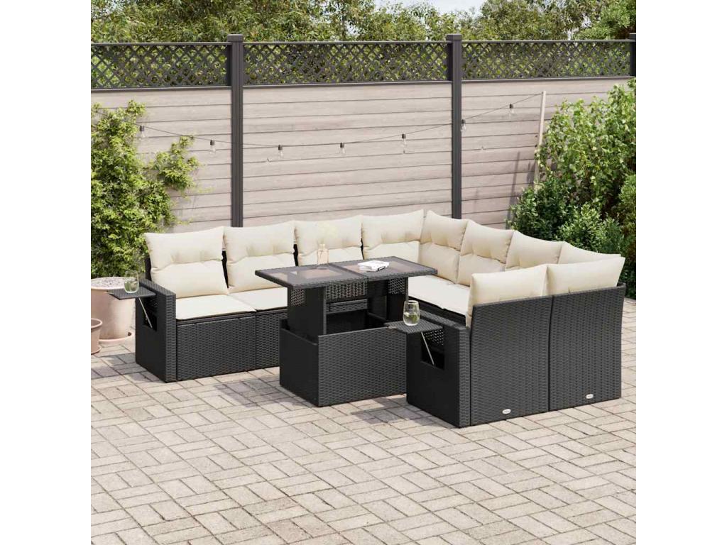 Salon de jardin 9 pcs avec coussins noir résine tressée DQHF65699
