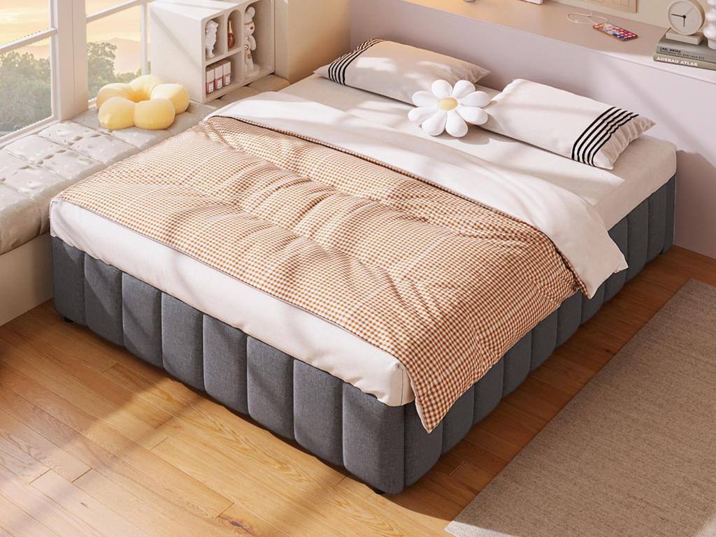 Lit coffre capitonné en lin - 140x200 cm - sans tête de lit - Gris OMLF47174