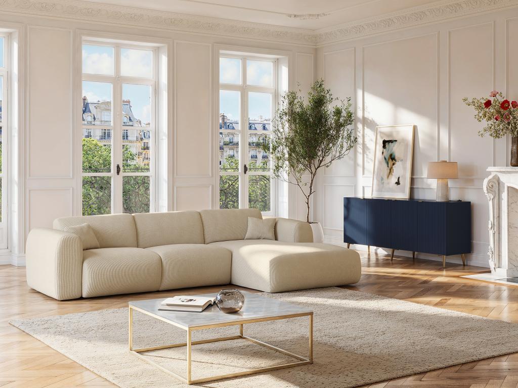 Grand canapé d'angle droit en tissu texturé beige Decohaute PTVM67826