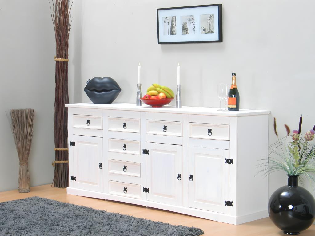 Nouveau Buffet Domopure avec 7 tiroirs et 3 portes largeur 200 cm hauteur 84 cm blanc/ciré. KGFQ20372