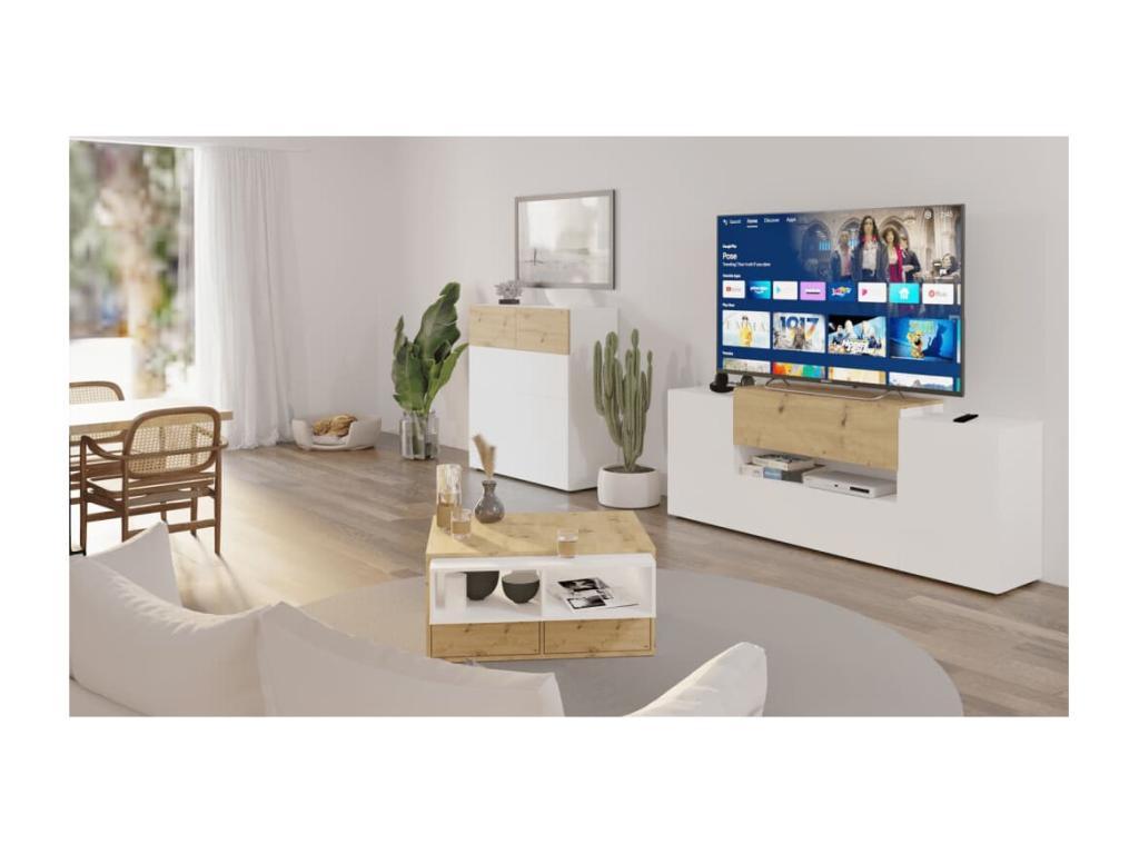 Meuble TV/Hi-Fi 182x33x70,2 cm Blanc et chêne artisanal AKMI77359