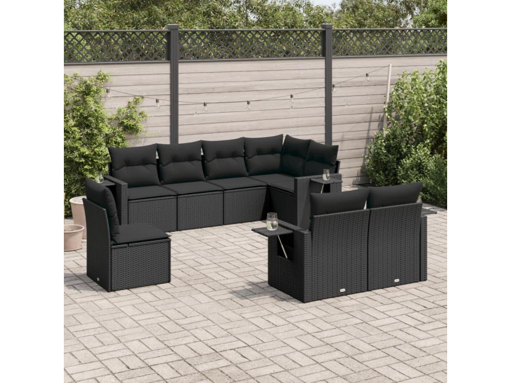 Salon de jardin 8 pcs avec coussins noir résine tressée WWPL38075