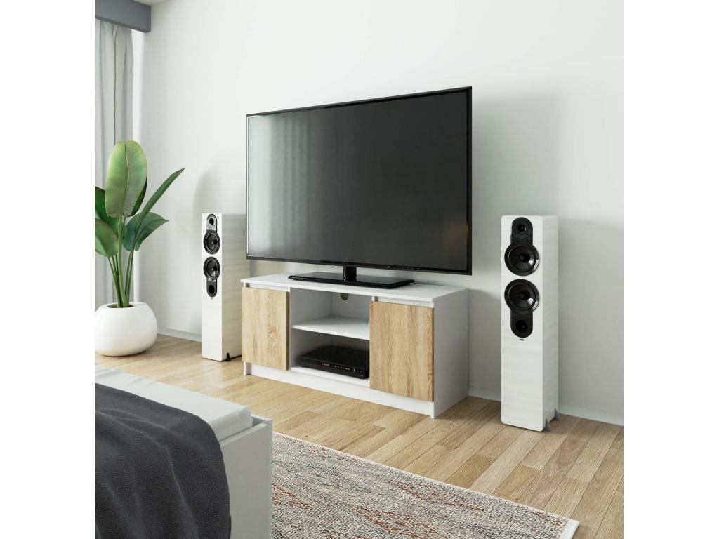 Meuble TV pour salon Decohaute Blanc 120 cm 2 portes façade Chêne Decohaute 2 étagères 120x40x55 cm EJQW12730