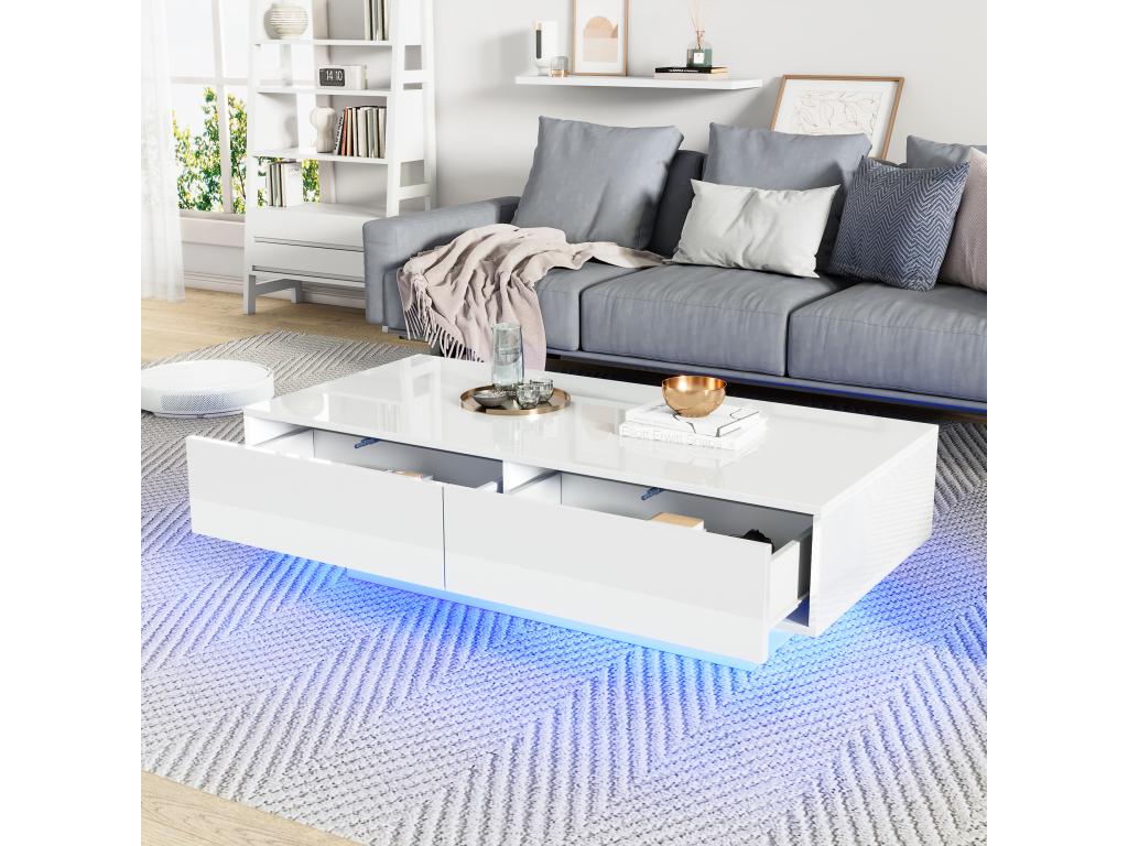 Table basse moderne brillante avec 2 tiroirs - 115x55x34 cm - LEDs - Panneaux de particules - Noir RLPS08267