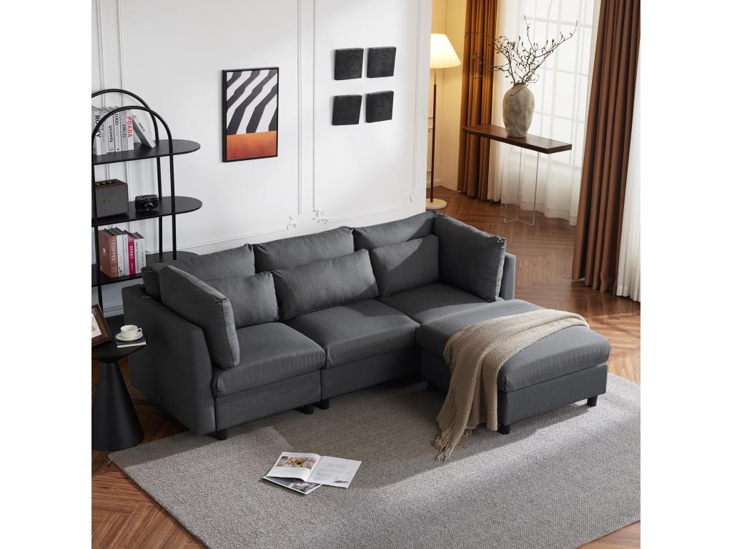 Canapé d'angle droit convertible avec repos-pied - Tissu en lin - 220x83x81 cm - Gris HEQD46752