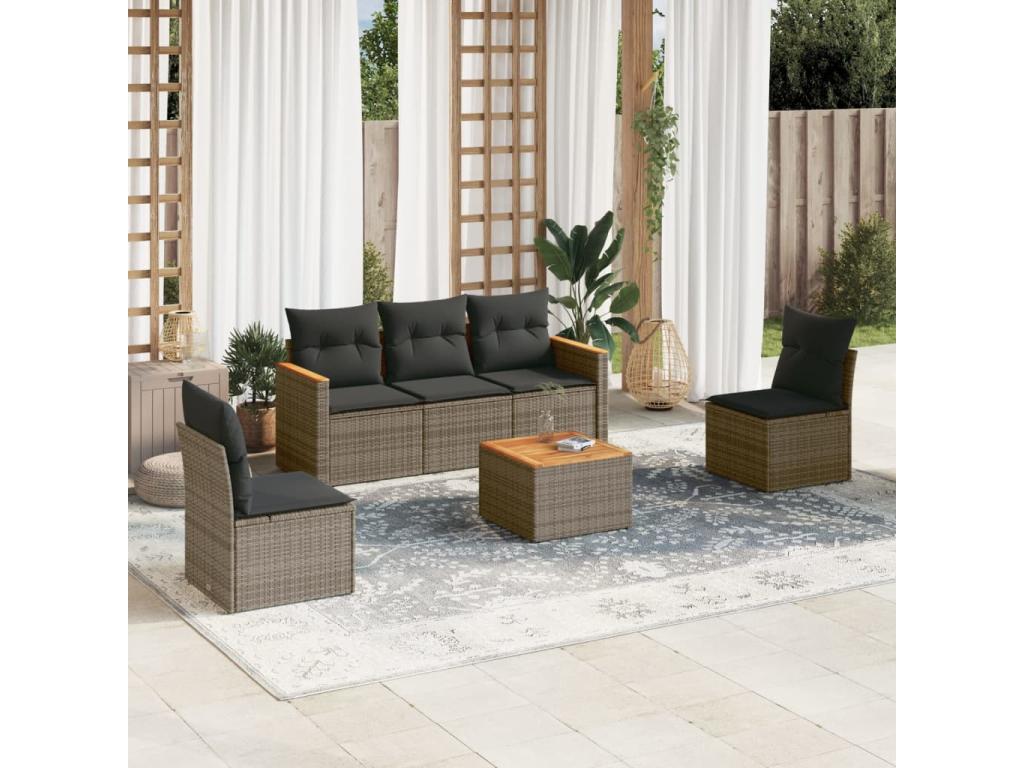 Salon de jardin 6 pcs avec coussins gris résine tressée WKZC17214