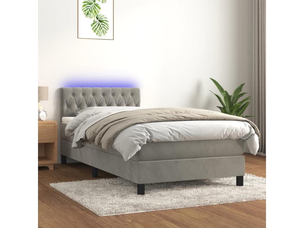 Sommier tapissier matelas et LED Gris clair 100x200 cm Velours IFNG13146