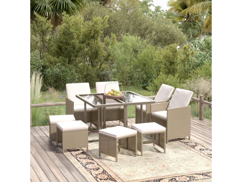 Meubles à dîner de jardin et coussins 9 pièces Poly rotin Beige RTUT20519