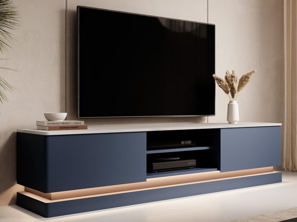 Meuble TV 2 tiroirs et 2 niches avec LEDs en MDF - Bleu et effet marbre blanc - Decohaute MORABITO CFSP74422