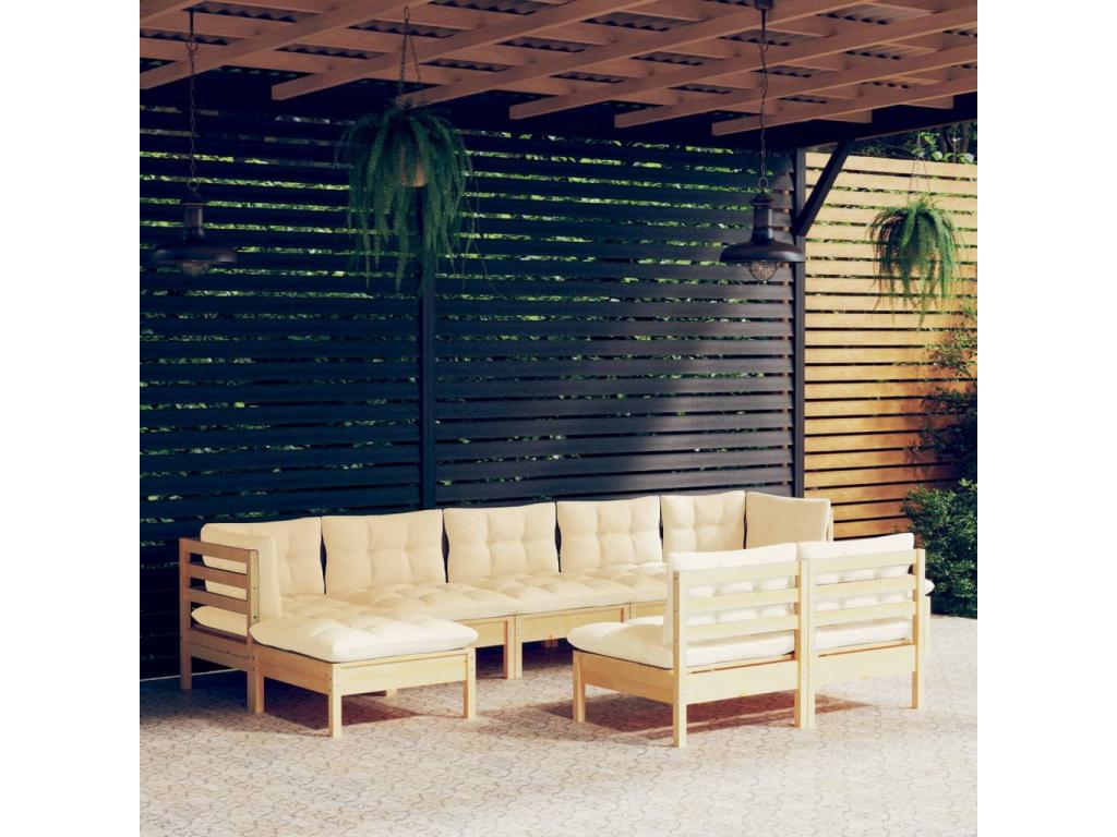 Salon de jardin 9 pcs avec coussins crème bois de pin IJYB52674
