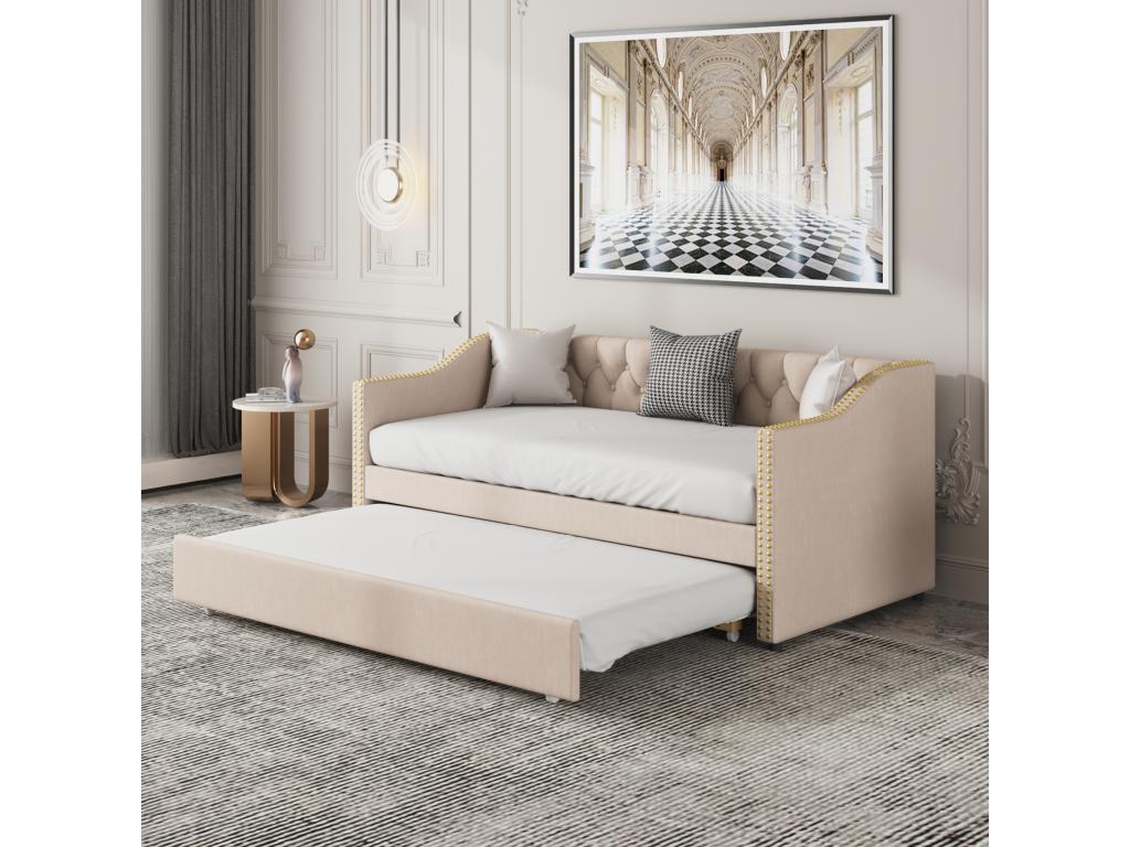 Lit Rembourré Enfant 90x200 cm - Canapé-Lit Gigogne - Tissu En Lin Résistant - Lit D'Appoint - Beige TGIO86543
