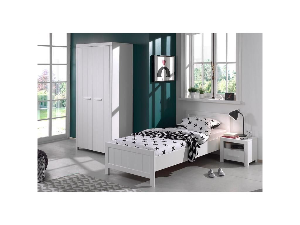 Pack - Lit Enfant Sommier Chevet / Armoire Domopure 90x200cm Blanc WRIW81735