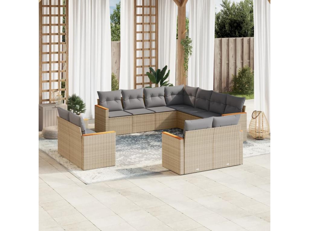 Salon de jardin 11 pcs avec coussins beige résine tressée TZTC09117