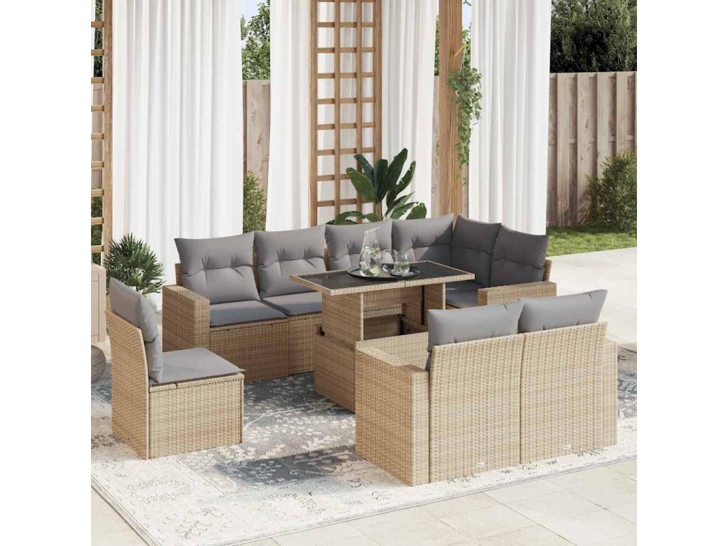 Salon de jardin avec coussins 9 pcs beige résine tressée NCBM28795