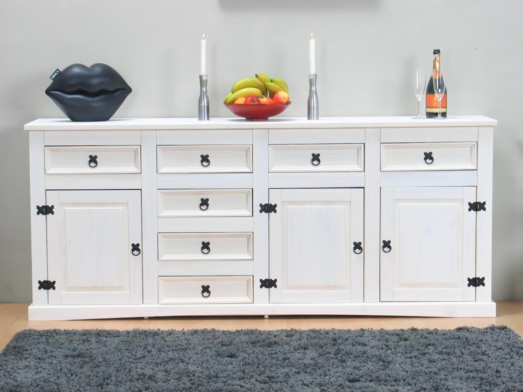 Nouveau Buffet Domopure avec 7 tiroirs et 3 portes largeur 200 cm hauteur 84 cm blanc/ciré. KGFQ20372