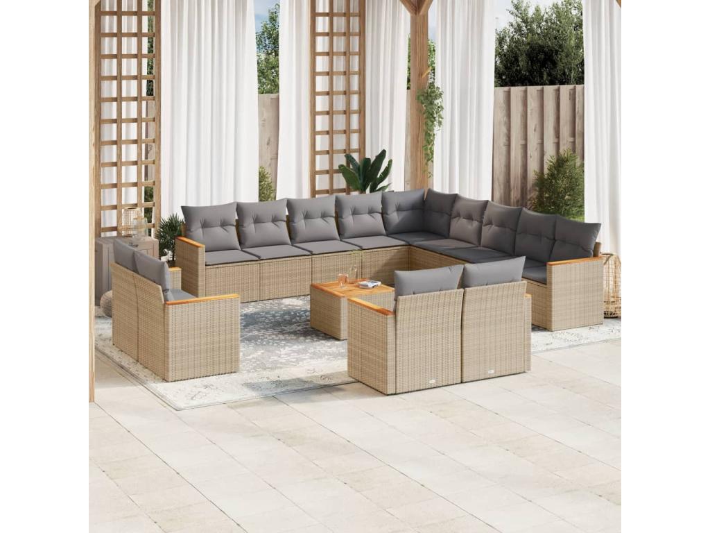 Salon de jardin avec coussins 14 pcs beige résine tressée EOEU01206