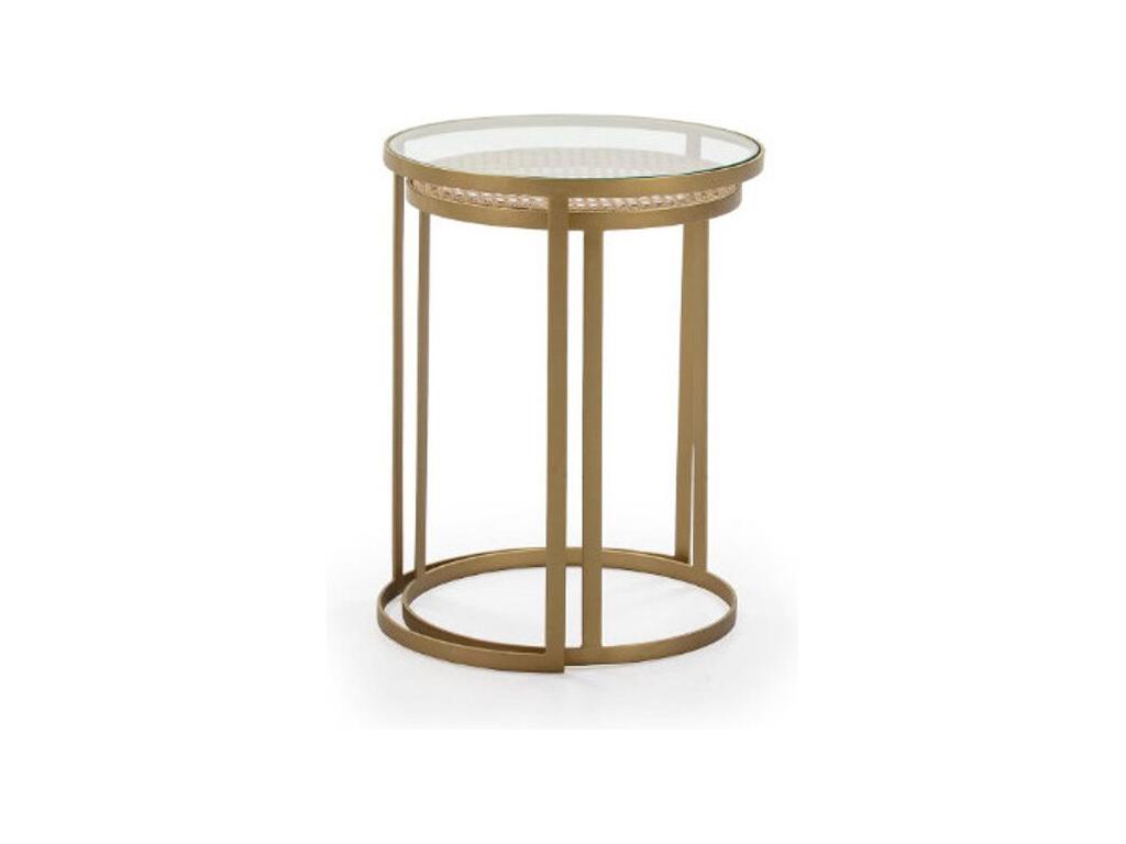 Table d'appoint ronde verre transparent rotin naturel et métal doré Brunie - Lot de 2 WYPY56225