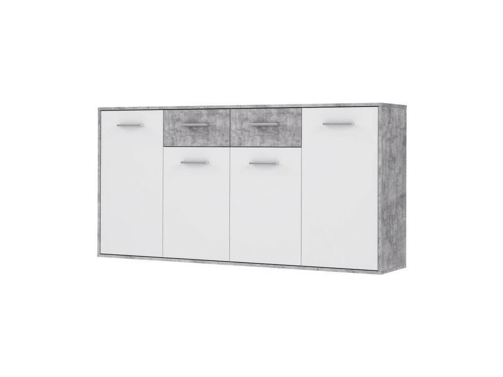 Domopure Buffet bas 4 portes 4 tiroirs - Blanc et beton gris clair - L 162,3 x P 34,2 x H 88,1 cm TVBS52715