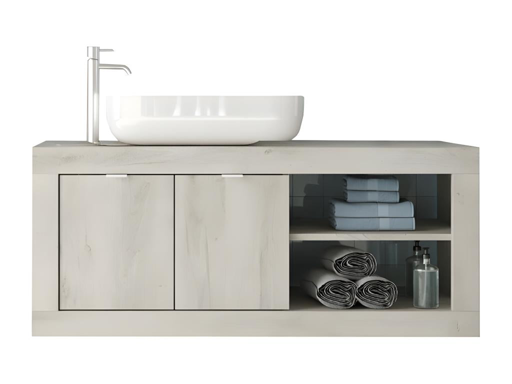 Meuble sous-vasque suspendu 92 cm Pin blanc vasque miroir led - Decohaute VVCO70408