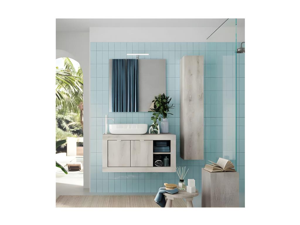 Meuble sous-vasque suspendu 92 cm Pin blanc vasque miroir led - Decohaute VVCO70408