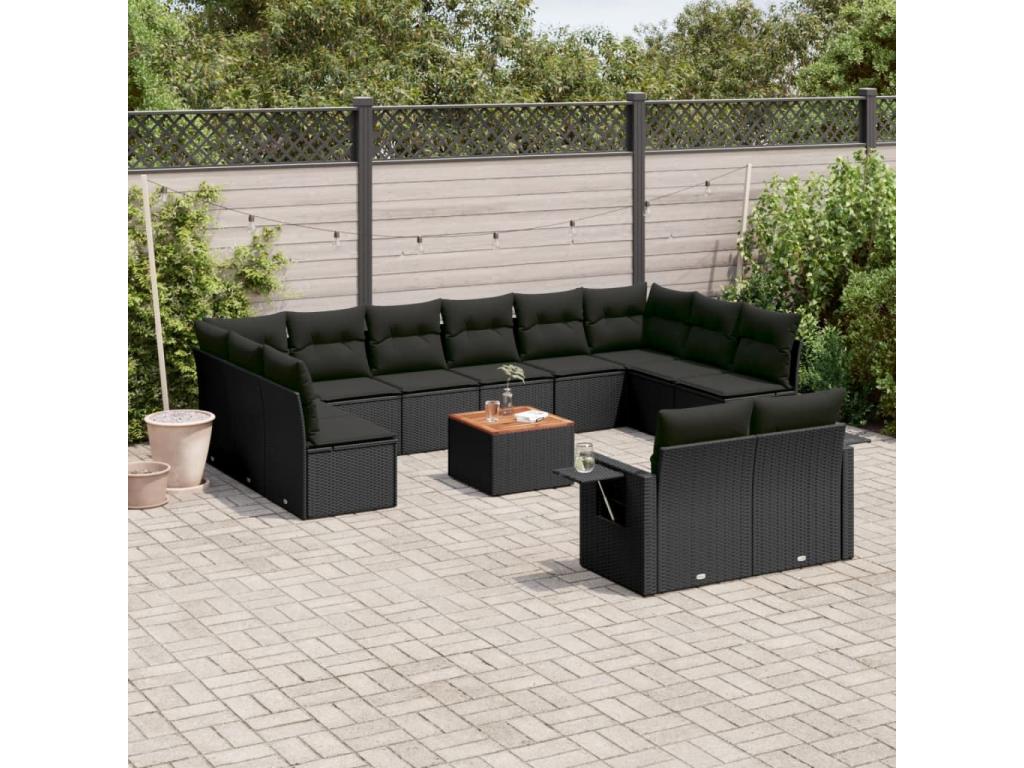 Salon de jardin avec coussins 13 pcs noir résine tressée GRWY40276