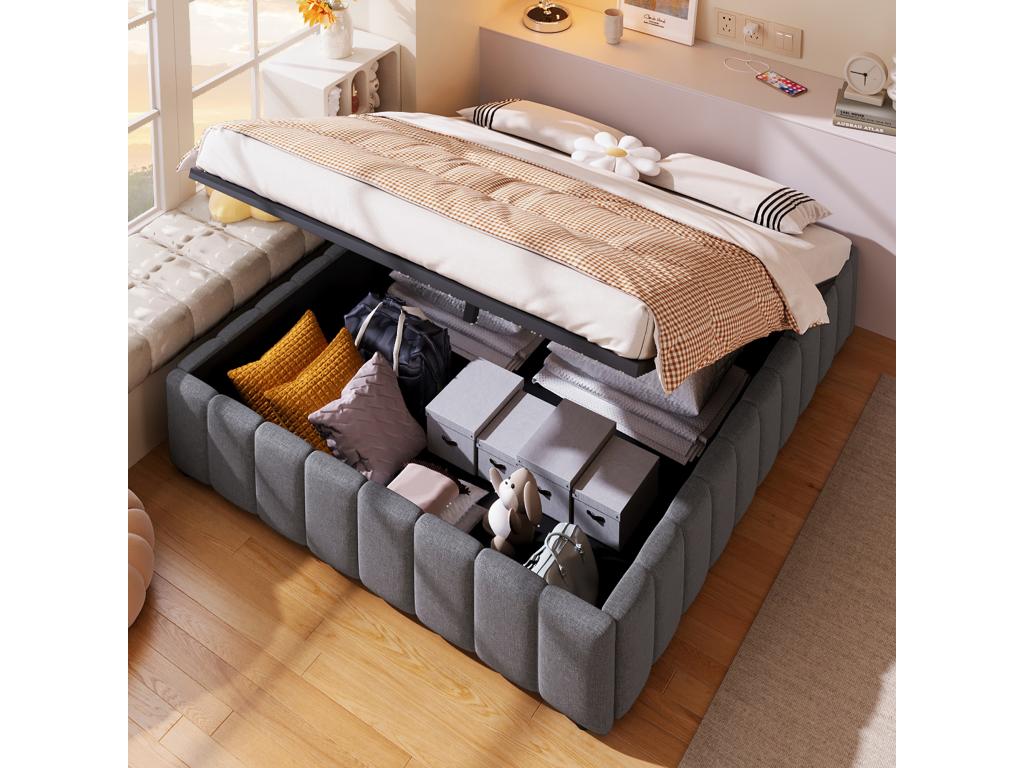 Lit coffre capitonné en lin - 140x200 cm - sans tête de lit - Gris OMLF47174