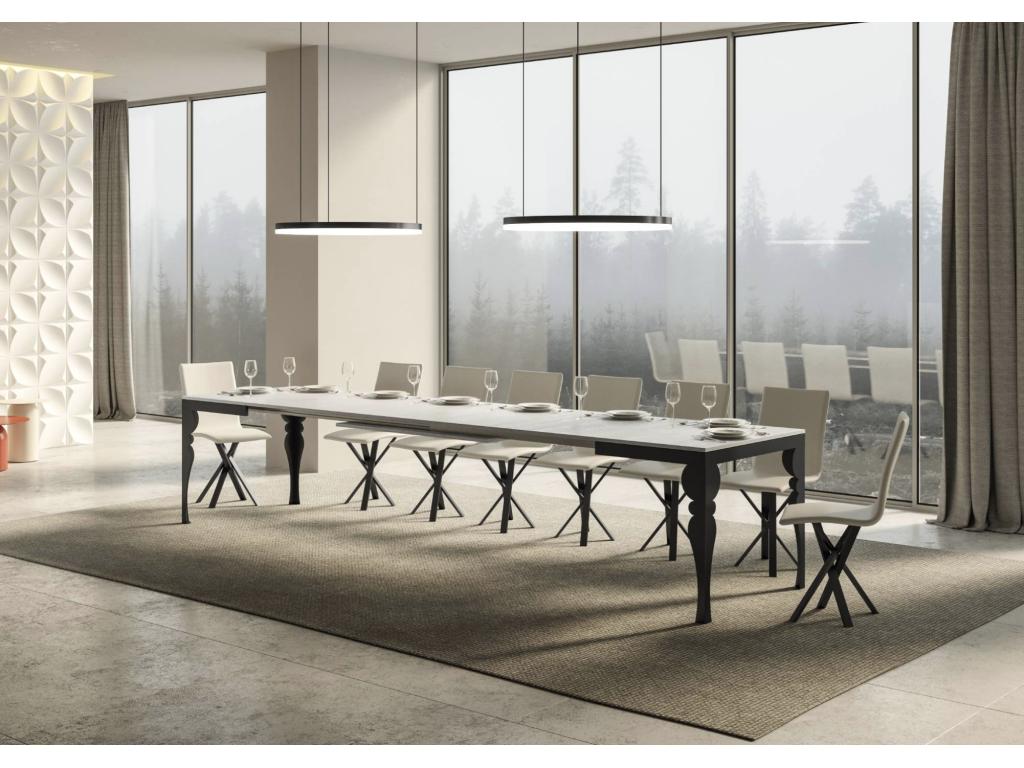 Table extensible avec pieds acier anthracite style orientale Domopure évolution-Couleur Blanc-Support 4 pieds-Largeur extensible 120 à 380cm QIUF71390