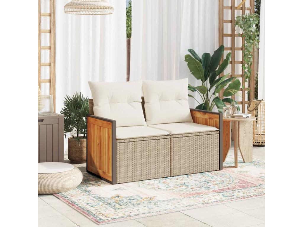 Canapé de jardin avec coussins 2 places beige résine tressée IKIO48561