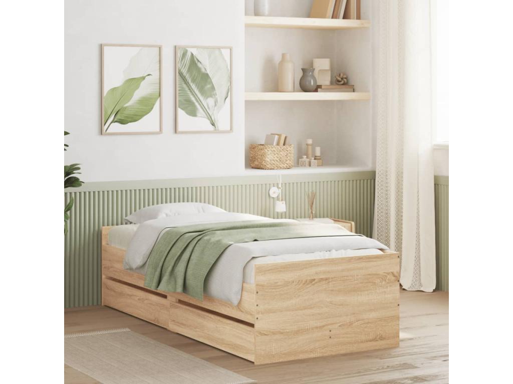 Cadre de lit avec tiroirs chêne Domopure 75x190 cm QEFB92795