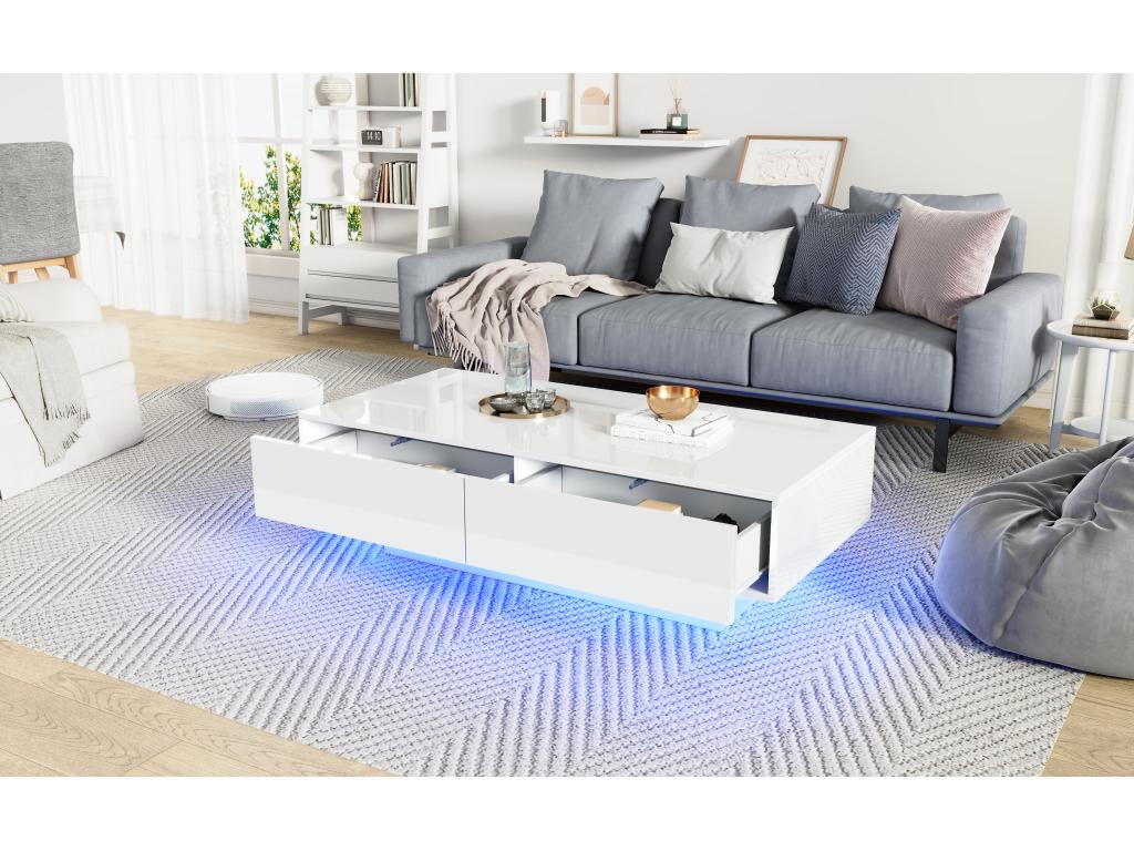 Table basse moderne brillante avec 2 tiroirs - 115x55x34 cm - LEDs - Panneaux de particules - Noir RLPS08267
