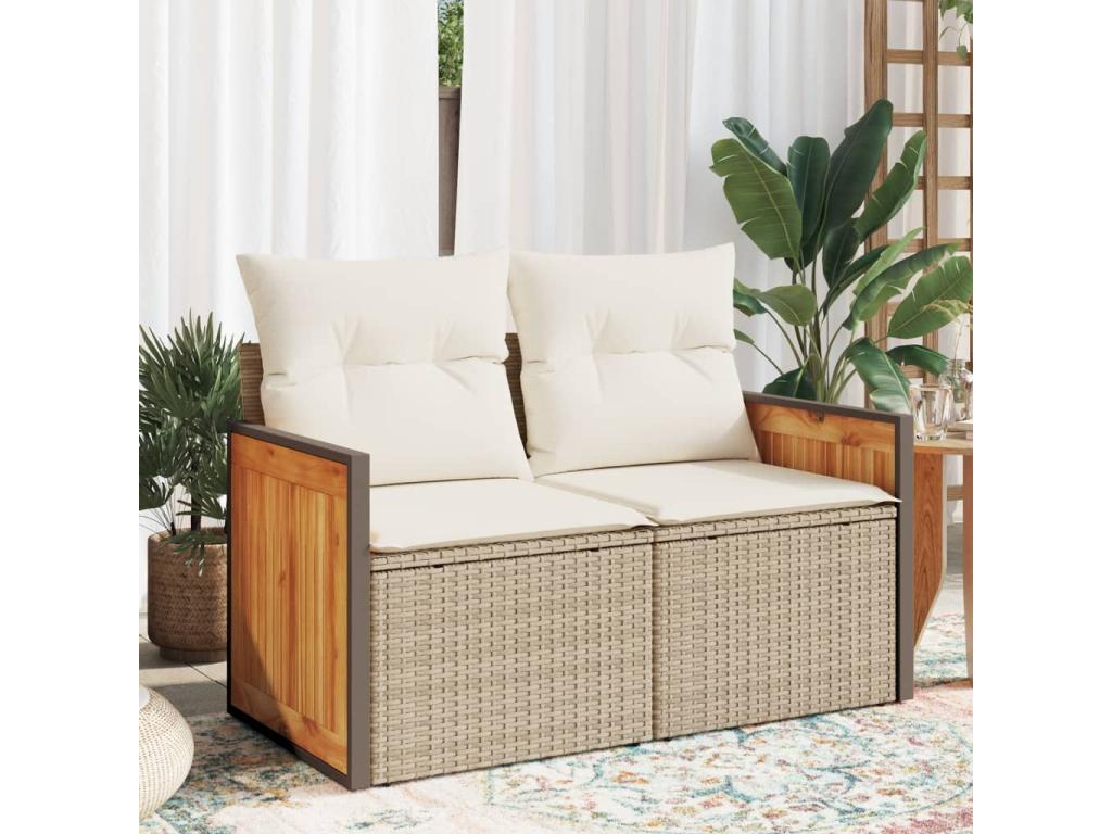 Canapé de jardin avec coussins 2 places beige résine tressée IKIO48561
