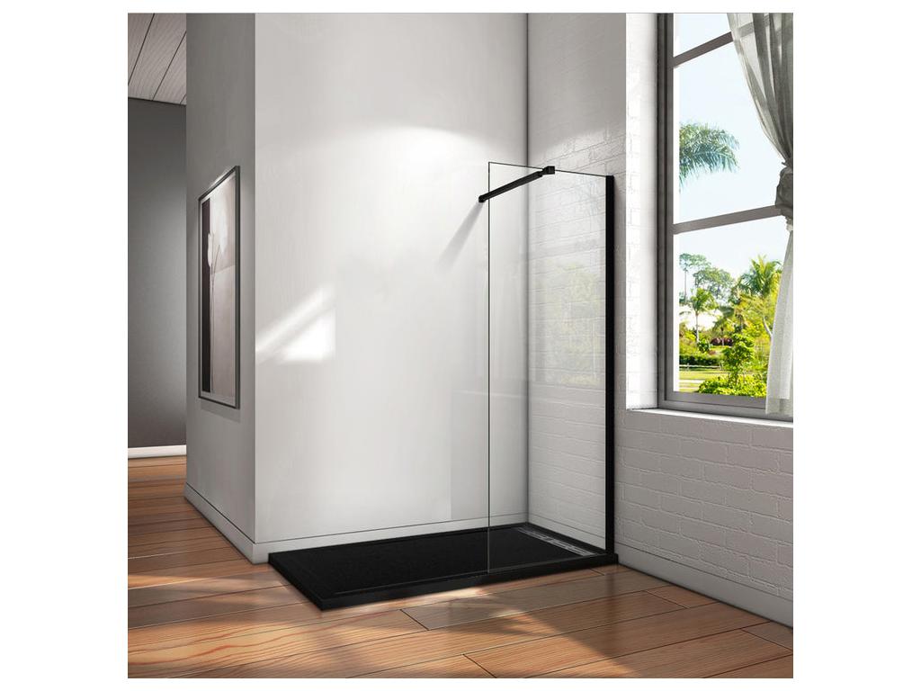 Paroi de douche à l'italienne 50x200cm en verre 8mm sécurité anticalcaire avec barre de fixation 73-120cm en carré - Noir Mat HGUR85256