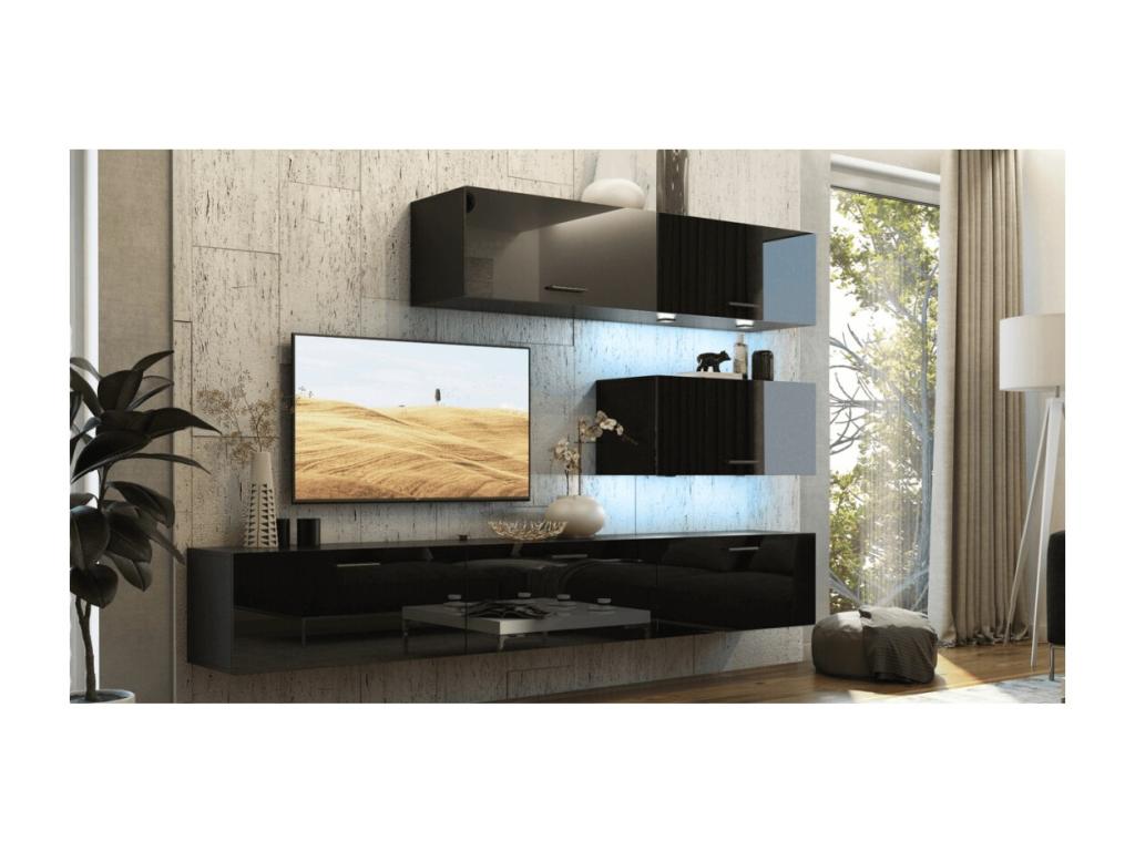 Ensemble de meubles de salon noir suspendus collection Domopure XXV- 249cm 6 meubles leds modulables. EDNN70655