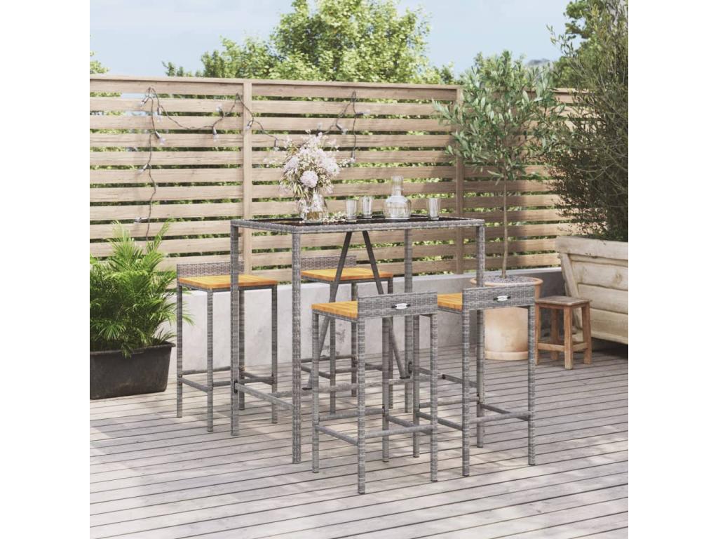Ensemble de bar jardin 5 pièces gris poly rotin/bois massif Decohaute IPFT80466