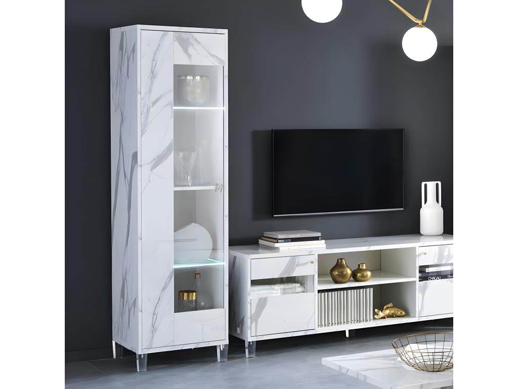 Vitrine 1 porte marbre blanc brillant à LEDs - Decohaute - L 52 xl 47 x H 191 cm RODO32843