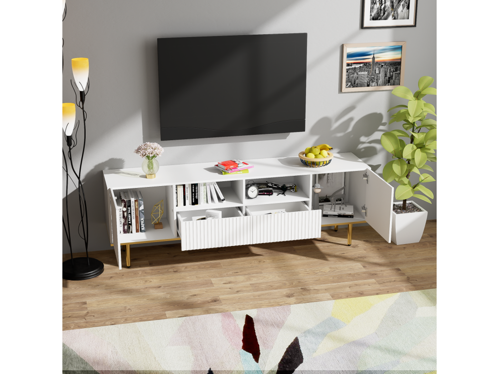 Meuble TV 165x36x55cm avec 2 portes 2 tiroirs et 2 compartiments pieds dorés et bord doré Blanc NHSW52780