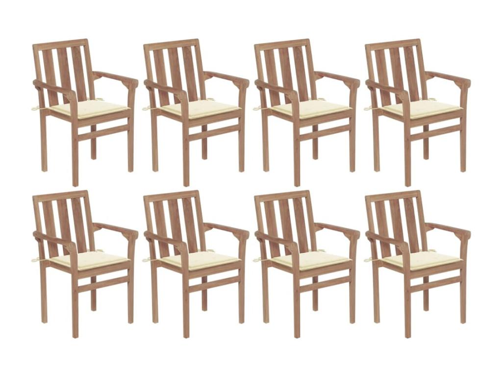 Chaises de jardin empilables avec coussins lot de 8 Teck solide RPLG26195