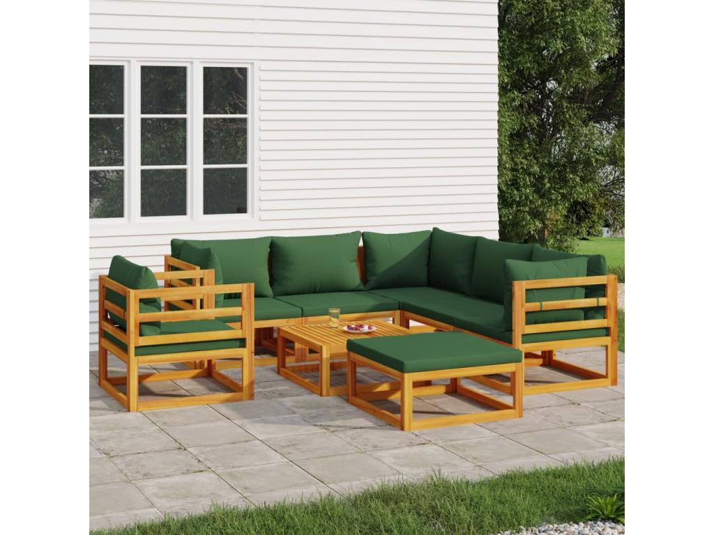 Salon de jardin 8 pièces avec coussins vert bois massif CHWB68863