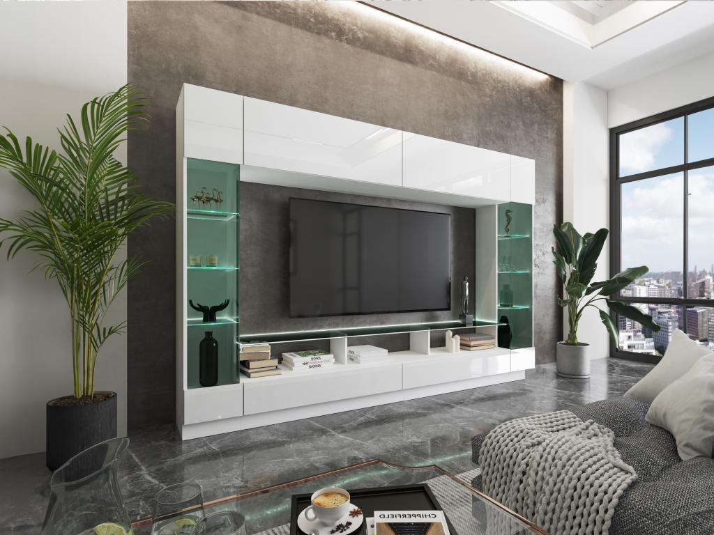 Mur TV avec rangements et LEDs en verre trempé fumé - Blanc laqué - Decohaute EEYB98184
