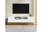 Meuble TV 165x36x55cm avec 2 portes 2 tiroirs et 2 compartiments pieds dorés et bord doré Blanc NHSW52780