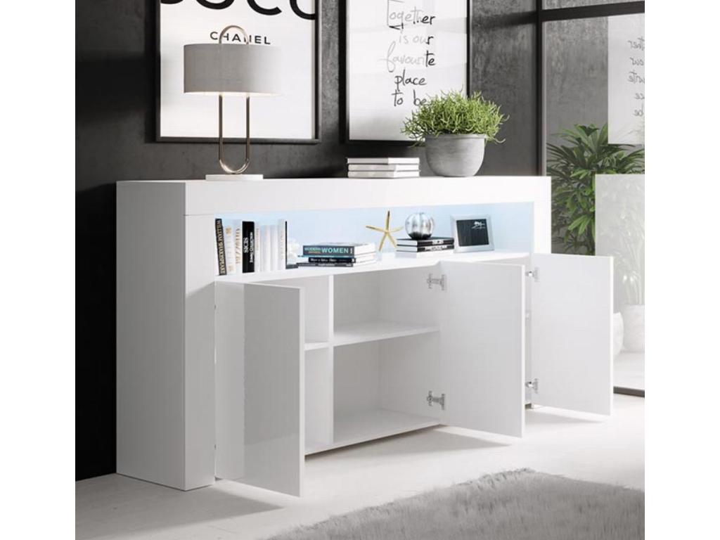 Bahut Buffet bas pour Salon Salle à manger en Blanc avec LED 155x37x91.5cm Aker YIEC68632