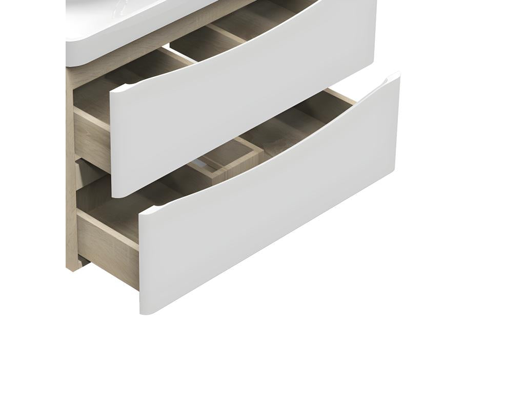 Meuble salle de bain 80x39.5x50cm 2 tiroirs meuble suspendu avec la vasque blanc et bois THKC06482